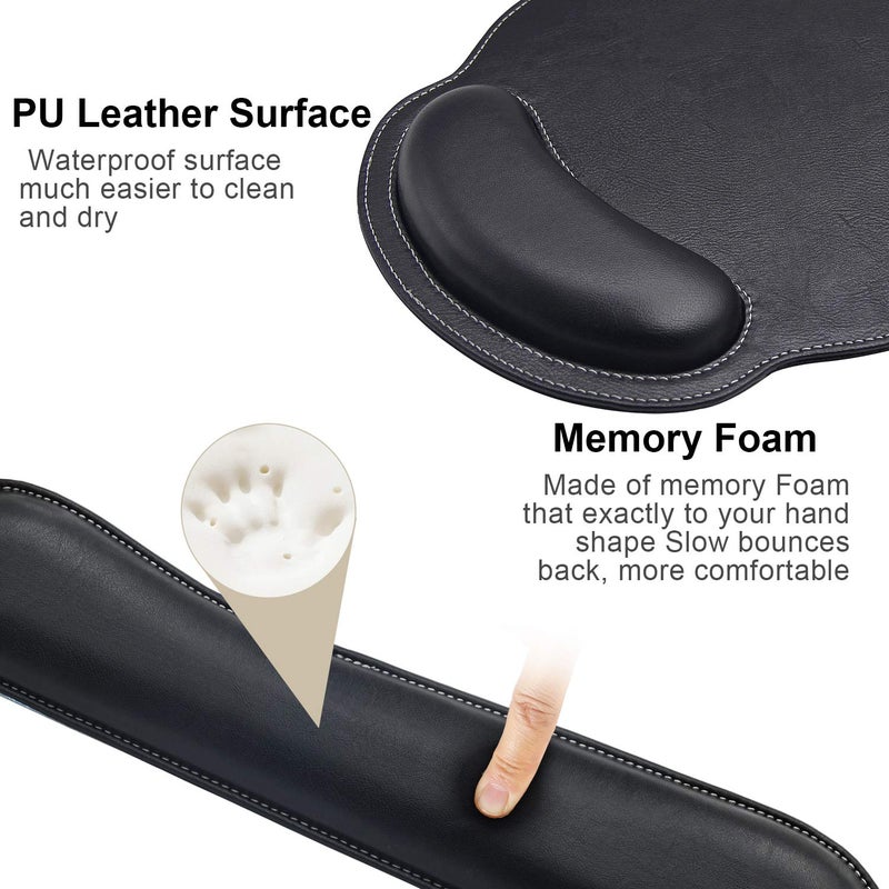 iVeze Mouse Pads with Wrist Support and Keyboard Wrist Rest Pad Set,Ergonomic PU Leather Mouse Pad for Laptop Computer,Non Slip Base Comfortable Mousepad Raised Memory Foam Easy Typing Pain Relief, Black - Image 4